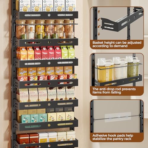 8-Tier Pantry Door Organizer, Large 2 IN 1 Wall Mount or Over The Door Pantry Organizer, Pantry Door Spice Rack with Adjustable Baskets, Over Door Organizer for Kitchen,（72.6×17.1×5.1in,Black) - Image 5