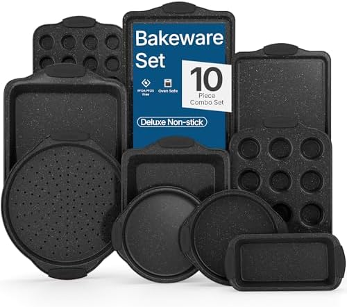 BAKKEN Kitchen Baking Pan Set - Nonstick Coating, Carbon Steel Bakeware Sets with Gray Silicone Handles, Baking Kitchen Essentials, PFOA, PFOS, PTFE Free, Oven Safe Tray (Up To 450° F), Set of 10 by BAKK%C3%8BNMASTER
