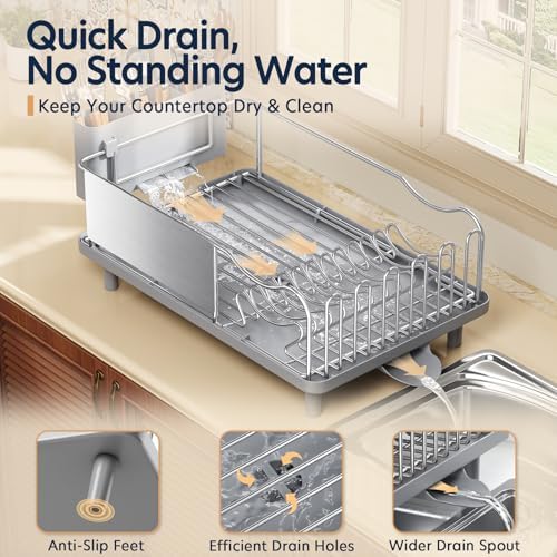KINGRACK Stainless Steel Dish Drying Rack with Cup Holder for Counter, Grey - Image 4