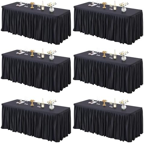 PARTISKY 6 Pack Black Tablecloths for Rectangle Tables 8ft, Wrinkle Resistant Black Table Cover Fitted Stretch Table Cloth with Pleated Ruffle Skirts for Party Banquet Dining Birthday Wedding by Partisky