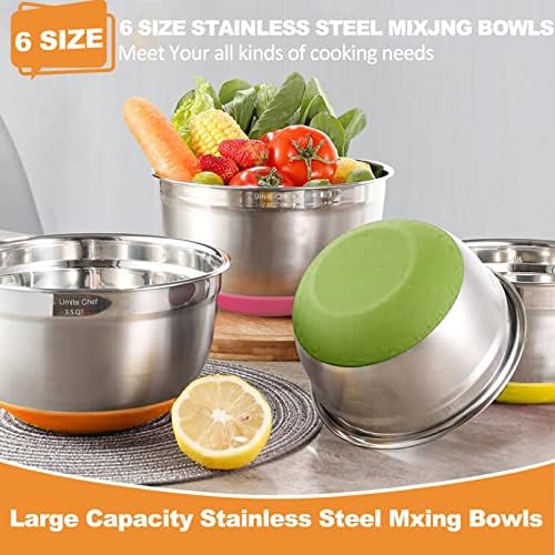 Umite Chef Mixing Bowls with Airtight Lids, 6 Piece Stainless Steel Metal Bowls, Measurement Marks & Colorful Non-Slip Bottoms Size 7, 3.5, 2.5, 2.0,1.5, 1QT, Great for Mixing & Serving - Image 3