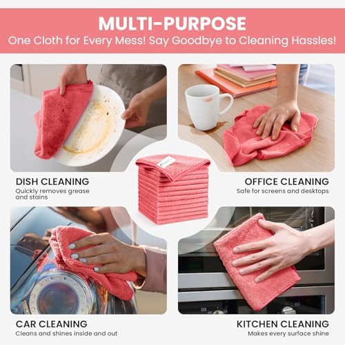 SIFANGKE Microfiber Cleaning Cloth, 12 Pack Pink Cleaning Rags for Housekeeping, Reusable Microfiber Towels for Car, Kitchen, Bathroom and Household Cleaning Supplies, 11.8"X11.8" - Image 5