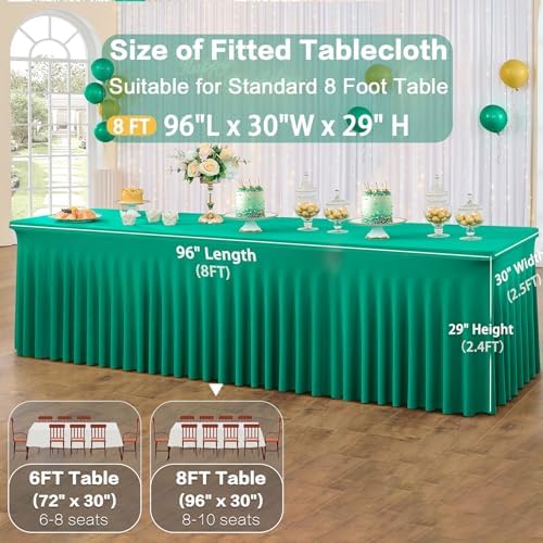 6 Pack Emerald Green Spandex Tablecloth for 8 Foot Rectangle Tables, Wrinkle Free Fitted Table Cloth Cover 8FT Green Stretchy Tablecloths with Skirt for Parties Weddings Birthday Banquet Baby Shower - Image 4
