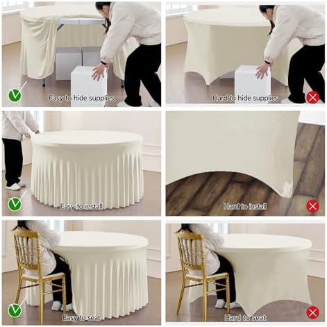 leegleri 10 Pack 60Inch Ivory Spandex Round Tablecloths, Stretchy 120inch Fitted 5FT Round Table Cloths, Wrinkle Free Table Cover with Skirt for Wedding Party Dining Banquet - Image 4