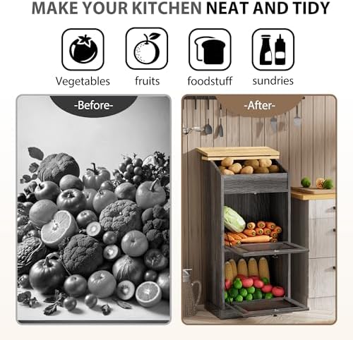 ONG Wooden Potato and Onion Storage Bin Set of 2 - Double Bread Box With Grocery Section and Lid, Grey - Image 5