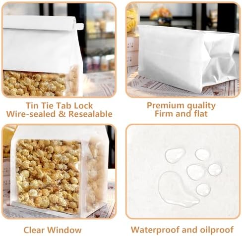 50 Pack White Cookie Bags with Seal, 8.2x3.9x3.1 Inch Tin Tie Tab Lock Bakery Bags with Window Resealable Paper Packaging Bag for Muffin, Candies, Scone, Brownie, Included 50 Thank You Stickers - Image 4