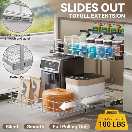 2 Tier Pull Out Cabinet Organizer 9" W X 22" D, Chromed, Full Slide Out - Image 3