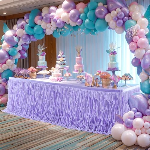 Partisky Lavender Purple Tulle Curly Willow Table Skirt for Rectangle Table 14ft, Ruffle Tutu Table Cloth for Girls Boys Baby Shower,Mermaid Birthday Party - Image 5