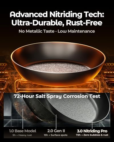 2-Piece Auto-Seasoning Carbon Steel Pan Set 10 & 12 Inch, Deep Nitrided Skillets Professional Cookware Bundle, Pre-seasoned, Wooden Handle, PFAS & PFOA-Free - Image 4