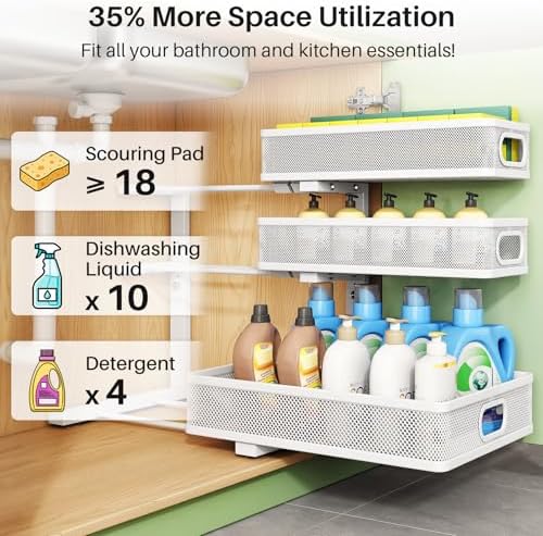 Kitstorack Under Sink Organizer, 2-Pack 3-Tier Height Adjustable Thickened Metal Pull out Cabinet Organizer Shelf, Slide out Storage Drawer Rack for Bathroom Kitchen Pantry Home Laundry Organization - Image 5