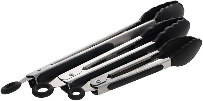 Utoolmart Kitchen Tongs Stainless Steel Locking Tong Set 7-inch 9-inch 12-inch with Silicone Tip for Cooking Grilling Barbecue Black 1 set,Gifts for Christmas - Image 2