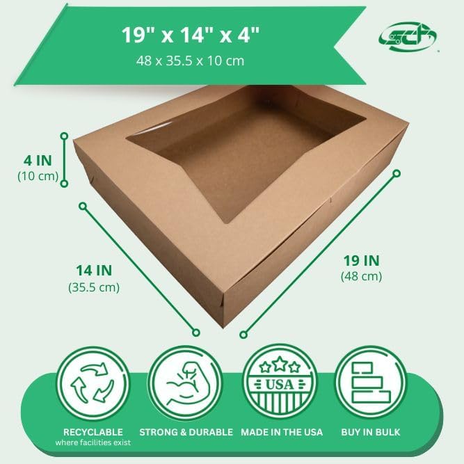 Southern Champion Tray 23133K Kraft Paperboard Lock Corner Window Bakery Box, 19" Length x 14" Width x 4" Height, Natural (Case of 50) - Image 2