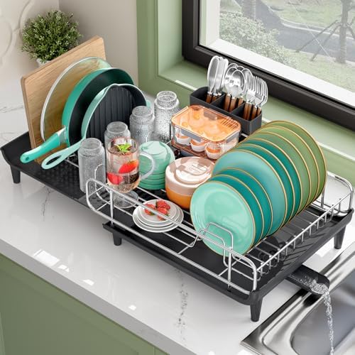 TOOLF Large Expandable Dish Rack for Kitchen Counter, Black - Image 3