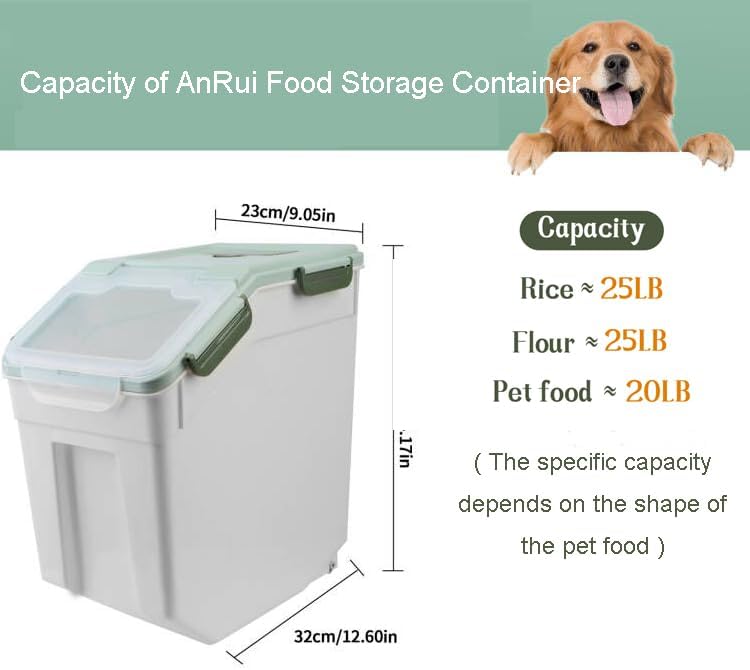 AnRui Airtight Flour Storage Container 25lb, Plastic Grain Storage Bucket, Rice Cereal Dispenser Organizer Box with Lid, Cat Dog Food Storage Bin with Measuring Cup, Scoop, Wheels, 2Pcs Green - Image 2