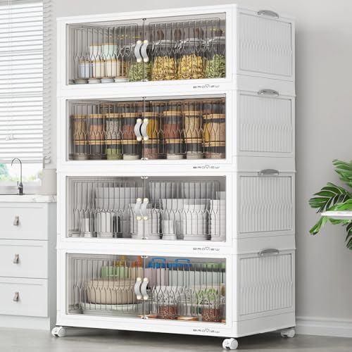BROVIEW 480Qt Stackable Storage Bins with Lids, Extra Large Closet Organizer Collapsible Drawer Boxes with Wheels, Folding Plastic Cabinet Containers for Home Kitchen Room Organization, 4Pack White by BROVIEW-EnjoytheArtofLife