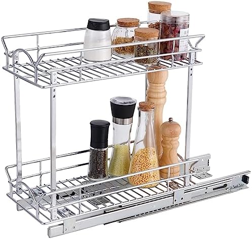 OCG Slide Out Cabinet Organizer for Narrow Cabinet (9" W X 21" D), 2 Tier Pull Out Shelves Slim Sliding Cabinet Organizer and Storage, Chrome by OCG