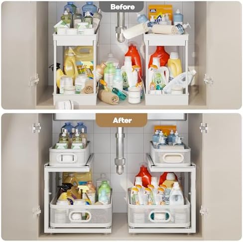 2 Pack 18.5IN-Depth Under Sink Organizer With Next-Gen Ball-Bearing Slides,2-Tier Precision Mesh Pull Out Cabinet Storage for Bathroom&Kitchen,Height Adjustable Drawers Shelf,Anti-rust-White - Image 6