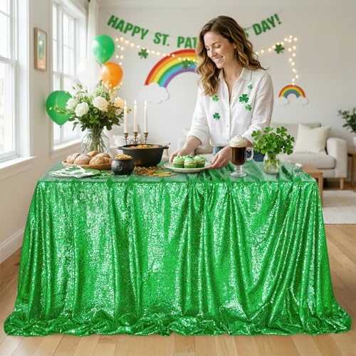 QueenDream Rectangle Tablecloth 90x132inch Green Sequin Table Cloth Overlay - Image 2