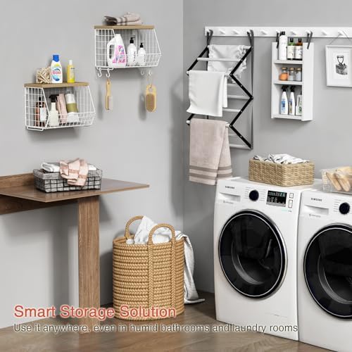 Goozii White Fruit Storage Basket for Kitchen Counter Set of 2, Wall Mount Wire Fruit Basket with Shelf with Banana Hanger, Hanging Countertop Organizer for Bathroom Pantry Cabinet, White + Natural - Image 5