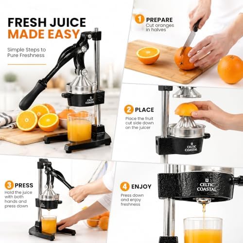 Cast Iron Juicer – Heavy Duty Manual Citrus Press | Hand Juicer Squeezer for Orange, Lemon, Lime, Grapefruit & Pomegranate | Countertop Juice Press with Stainless Steel Cup & Removable Strainer, Black - Image 4