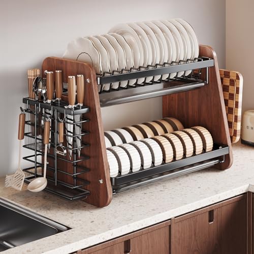 Modern Wooden 2-Tier Dish Drying Rack,Stainless Steel Dish Drainer,Saving Kitchen Space,with Removable Cutlery Holder,with Utensils Flatware Holder Set by Unknown