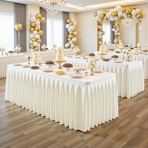 4 Pack Ivory Rectangle Tablecloth 6 FT Stretch Spandex Fitted Table Cloth for 6 Foot Rectangle Tables Banquet Tablecloths Wrinkle Free Table Cover Skirt Ruffle Tablecloth for Party Wedding Birthday - Image 3