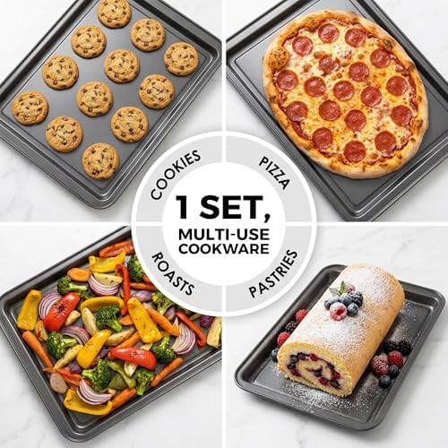 PERLLI Non-Stick 3-Piece Baking Pan Set – Carbon Steel with Even Heat Distribution, Oven Safe to 446°F, BPA-Free, Dishwasher Safe, Stackable Baking Tools for Easy Storage and Everyday Cooking - Gray - Image 5