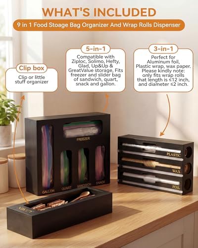 9 IN 1 Bamboo Foil and Plastic Wrap Organizer for Kitchen Drawer, Plastic Bag Organizer Organization and Storage, Food Storage Bag Organizer (BLACK) - Image 2