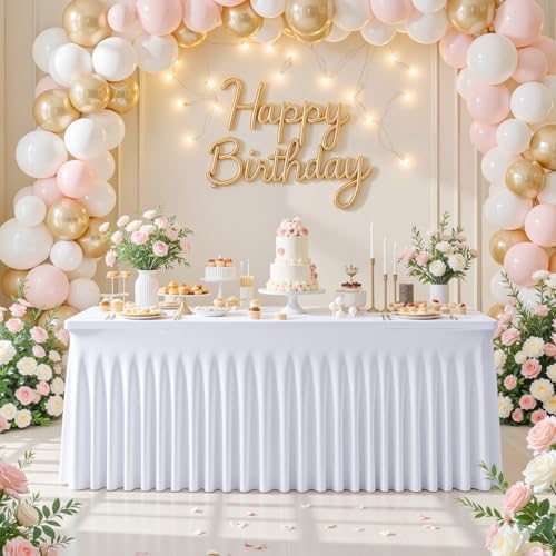 Besutolife White Spandex Tablecloth with Skirt for 4ft Rectangle Tables 2 Packs-Wrinkle-Resistant Stretchable Machine Washable Perfect for Weddings Banquets Birthday Parties Events - Image 2
