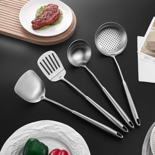 15" Wok Spatula and Ladle,Skimmer Spoon, Slotted Turner Spatula,304 Stainlss Steel Matte Kitchen Utensils Set,4PCS Wok Accessories,Cooking Utensils Tools - Image 3