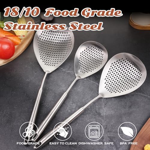 MARTE Skimmer Slotted Spoon Set of 3-304 Stainless Steel Spider Strainer Utensils Ladle Spoon with Handle for Cooking and Frying - Kitchen Pasta Strainer Colander - 14.8In,16.5In,17In - Image 4