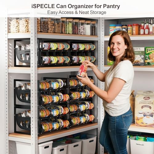 iSPECLE Can Storage Organizer Pantry - Auto-Rolling Expandable Hold 80 Cans | Stackable For Walk-in Deep Pantry Shelf, Adjustable Width for Food Cans, Sturdy Metal Frame, Easy Access & Restocking, Black - Image 2