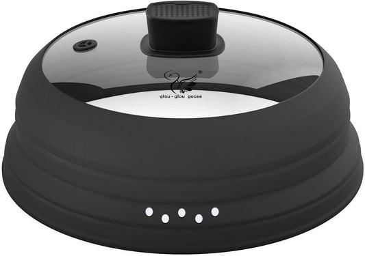 Microwave Splatter Cover Glass Cover Guard Lid with Collapsible Silicone for Food Pot Plate Cover 9.8 inch Black