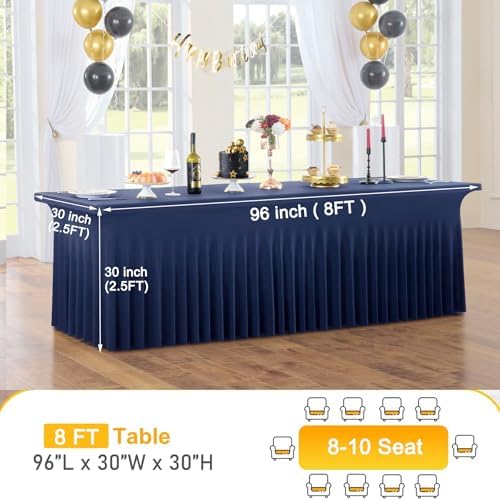 6pack Navy Blue Spandex Tablecloths 8ft for Rectangle Tables, Wrinkle Free Classy Table Skirt Stretchy 8 Foot Fitted Table Cloths Covers for Weddings Birthday Party Events Banquette Baby Shower - Image 5