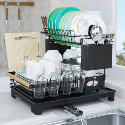 2-Tier Dish Rack Large Capacity Dish Drying Rack for Kitchen Counter Anti-Rust Dish Strainer with Drainboard, Cup Holder, Utensil & Cutting Board Organizer, Heavy Duty Metal, Black by Utheinteck
