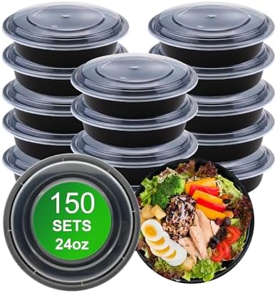 150 Sets 24 oz Disposable Meal Prep Containers with Leak proof Lids | Disposable Round Take Out, Leakproof Lids, BPA Free, Microwave/Dishwasher/Freezer Safe, Reusable Plastic by Apsic