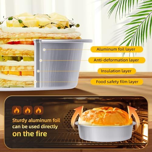 Beasea Pie Tins with Lids 8oz, 100 Pack 4 Inch Disposable Mini Creme Brulee Ramekins Silver Small Aluminum Foil Pie Tart Cake Baking Pans Individual Round Containers Oven Safe for Baking - Image 3