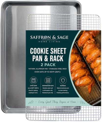 Commercial Quality Cookie Sheet and Rack - Aluminum Half Sheet Baking Pan and Stainless Steel Cooling Rack Set 13x18 Rust & Warp Resistant, Heavy Duty by SaffronSageHomeLiving