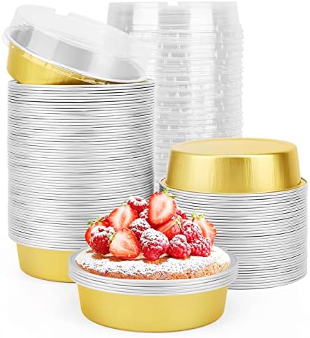 Beasea Disposable Pie Tins 4 Inch, 100 Pack Mini Tart Pans with Lids, 8 Oz Golden Aluminum Pie Pan Tin Tart Pans Round Oven Baking Mini Cake Pan for Pie Tart Quiche by Beasea
