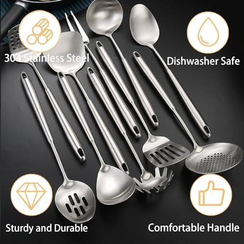 10 PCS Stainless Steel Kitchen Utensil Set Cooking Utensils, Potato Masher Solid Spoon Slotted Spoon Fork Spatula Ladle Skimmer Spoon Slotted Spatula Tunner Spaghetti Spoon Large Spoon - Image 4