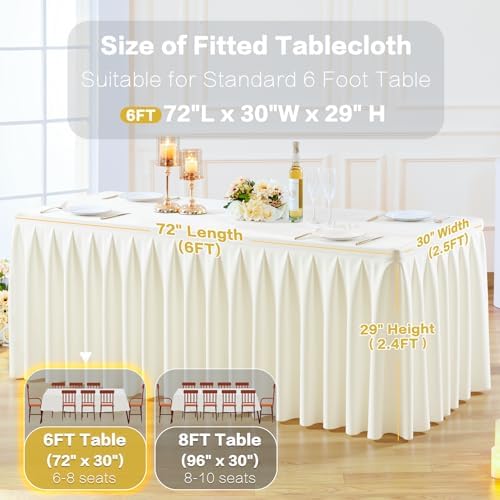 8 Pack Ivory Rectangle Tablecloth 6 FT Stretch Spandex Fitted Table Cloth for 6 Foot Rectangle Tables Banquet Tablecloths Wrinkle Free Table Cover Skirt Ruffle Tablecloth for Party Wedding Birthday - Image 5