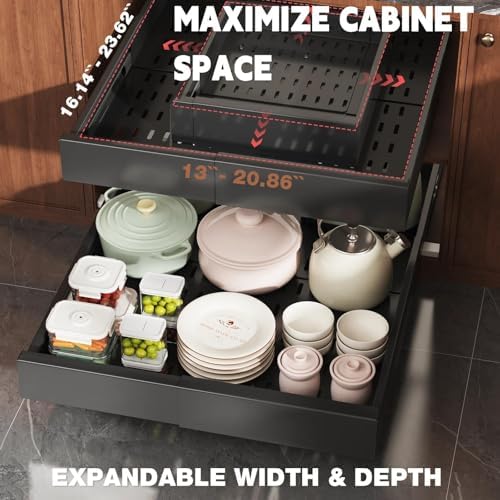 Seinloes Pull Out Cabinet Organizer,4-Side Expandable to Maximize Cabinet Space,Slide Out Drawers with 3 Rail Design,Roll Out Shelf with Raising Pad for Framed Cabinet,13"-21"W x 17"-24"D,Black,4 Pack - Image 2