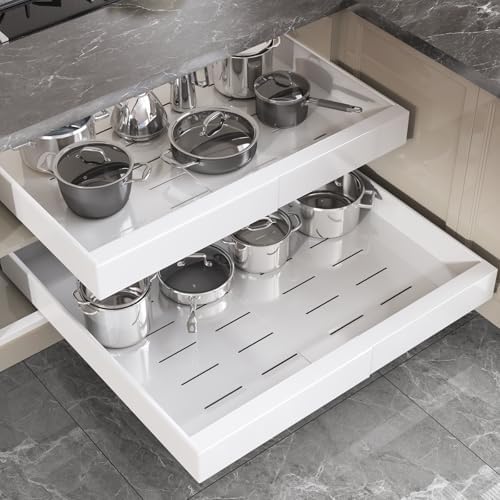 Seinloes 2 Pack Pull Out Cabinet Organizer 24" Deep,Full Extension 3 Slide Rails Slide Out Drawers With Raising Pad for Framed Cabinets,Expandable Width (15.4"-26.2"),No Drill Roll Out Shelf,White by Seinloes