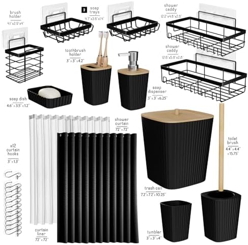 Clara Clark Black Bathroom Set, Shower Curtain Set and Shower Caddy Hanging - Image 3