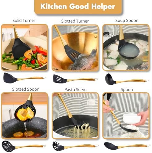 Silicone Cooking Utensils Set, 17pcs Kitchen Utensil Set with Rotatable Holder, Heat-Resistant Silicone Utensils for Cooking, Non-Stick Spatula Set with Stainless Steel Handle,Turner,Ladle (Gold) - Image 5