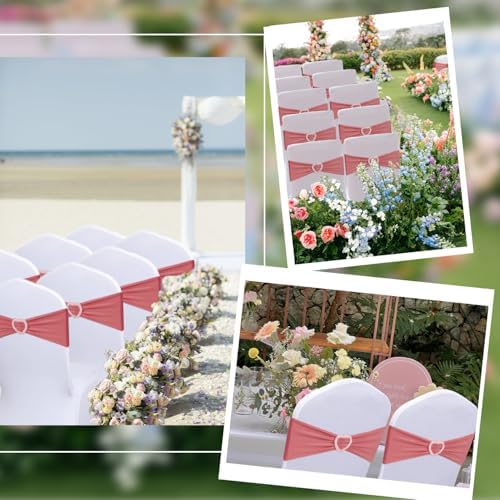 Coral Red Chair Sashes Bows 30 Pack Spandex Coral Red Sashes for Chairs Universal Elastic Chair Sashes Bands with Heart Buckle Slider for Banquet Wedding Party Decorations - Image 6