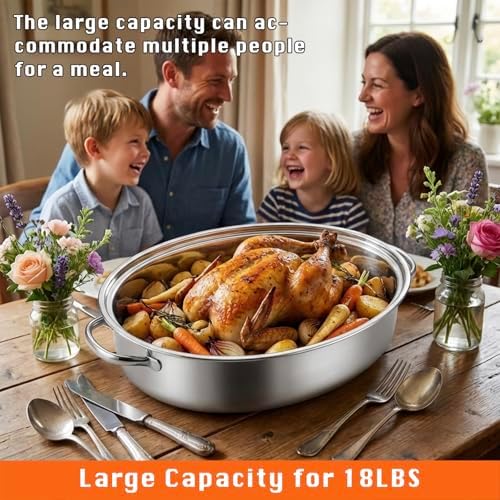 18.1" Raised Stainless Steel Roasting Pan with Rack and Lid - Image 2
