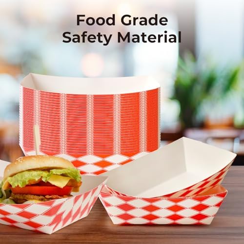 Fit Meal Prep 500 Pack 3 lb Paper Food Boats Heavy Duty Disposable Trays, Red Check For Parties Fairs Picnics Carnivals, Holds Ketchup Cheese Sauce Pickles Grease Resistant - Image 5
