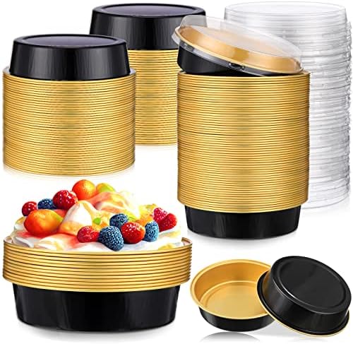 Yinder 200 Pcs 8oz Disposable Mini Pie Pans/tins with Lids Tart Pans, Small Cake Pan Round Containers Aluminum, 4 Inch Mini Cake Pan for Quiche Cheesecake Container Oven Bake Sale(Black and Gold) by Yinder
