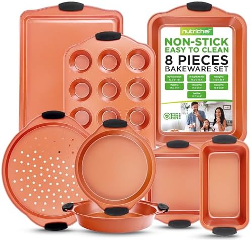 NutriChef 8-Piece Baking Pans Set - Nonstick Bakeware Set w/Silicone Handles, Includes 12 Cup Muffin, Round Cake, Pizza, Loaf & Square Pan, & Cookie Sheet - Dishwasher Safe & Easy Cleanup - Copper by NutriChef%E2%84%A2Kitchen